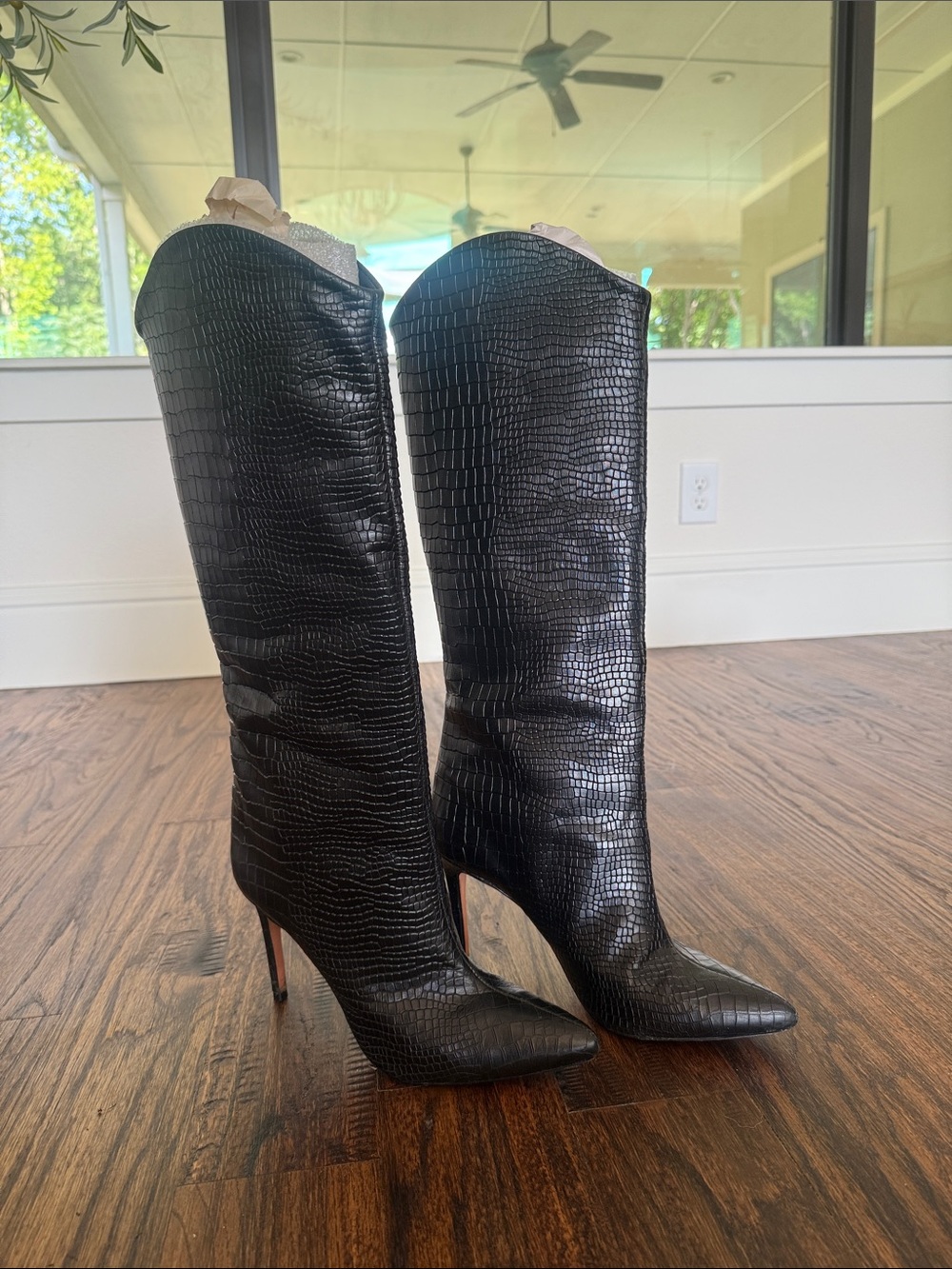 SCHUTZ Black Croc-Embossed Over-the-Knee Pointed Stiletto Boots